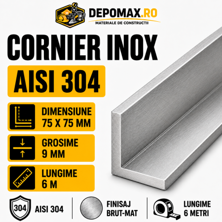 Cornier inox AISI 304, 75 x 75 x 9 mm, 6 metri